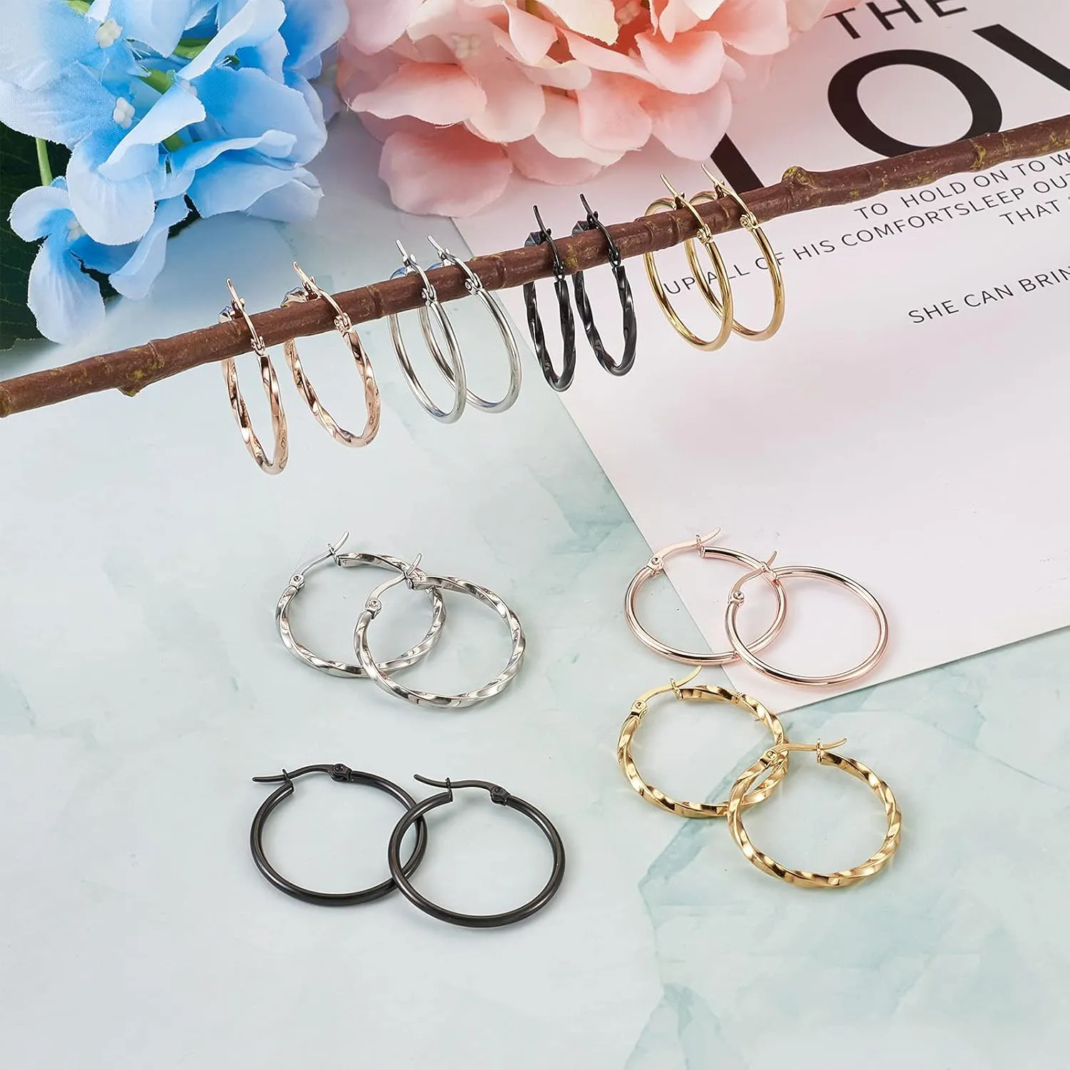 Craftdady 8 Pairs Stainless Steel Round Hoop Earrings 4 Colors Polished Twisted Circle Ring Earring Findings 30-34mm for Women Jewelry Making