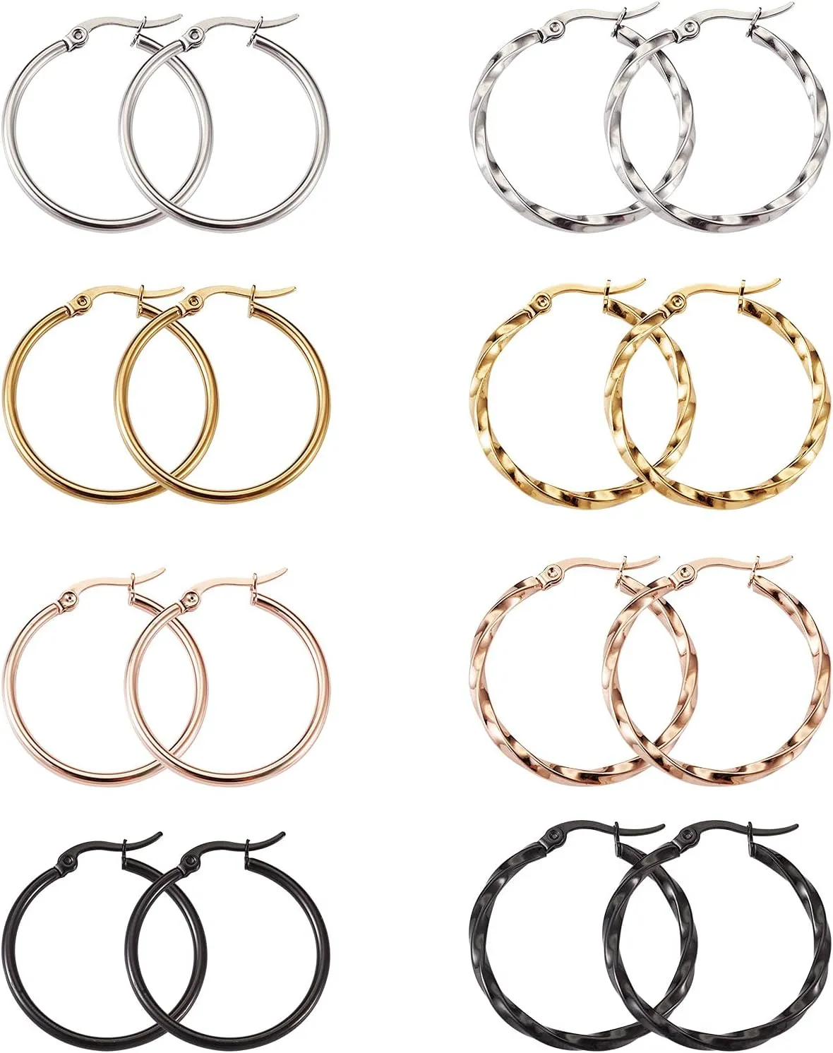 Craftdady 8 Pairs Stainless Steel Round Hoop Earrings 4 Colors Polished Twisted Circle Ring Earring Findings 30-34mm for Women Jewelry Making