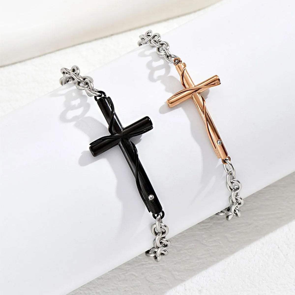 Cross Chain Bracelets for Men Women Stainless Steel Sideway Charms Men's Bracelet, Faith Religious Adjustable Cross Bracelet Jewelry for Couple Link Bracelet