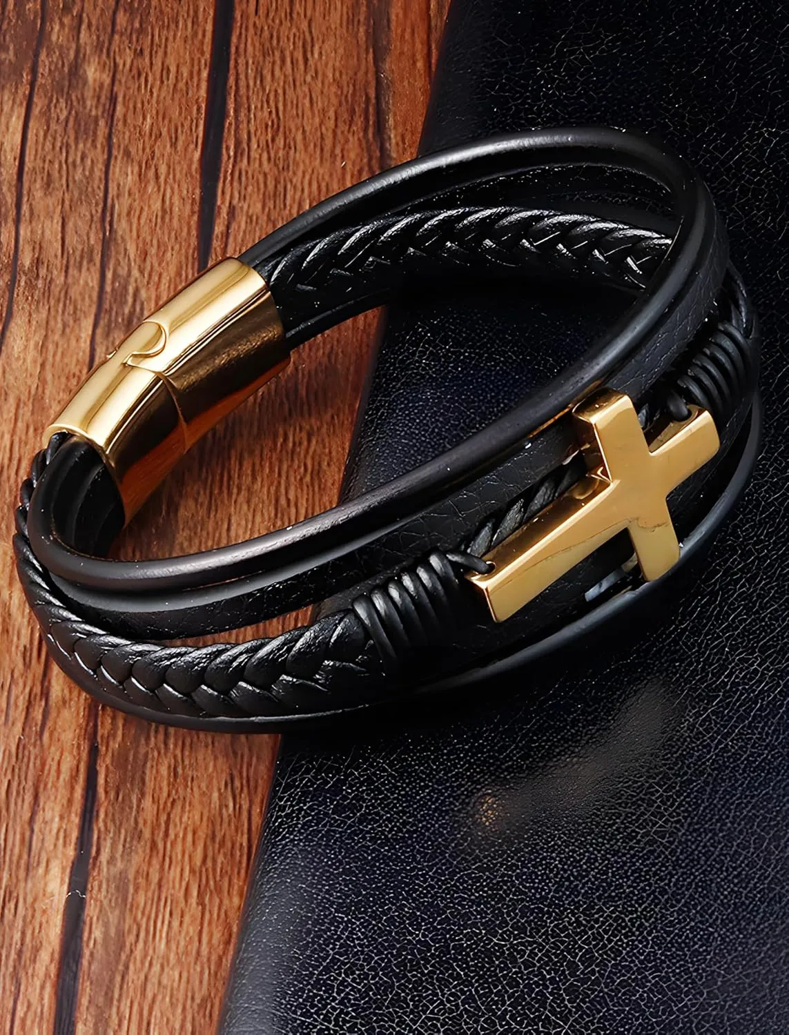 Cross Leather Bracelet for Men, Multi-Layer Braided Mens Cuff Bracelets with Stainless Steel Clasp Religious Anniversary Father's Day Birthday Christmas Jewelry Gifts for Him