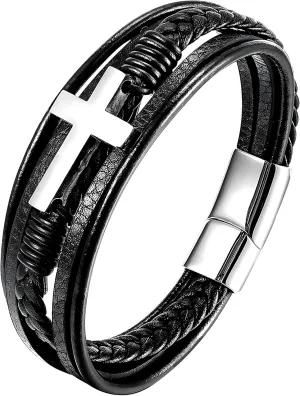Cross Leather Bracelet for Men, Multi-Layer Braided Mens Cuff Bracelets with Stainless Steel Clasp Religious Anniversary Father's Day Birthday Christmas Jewelry Gifts for Him