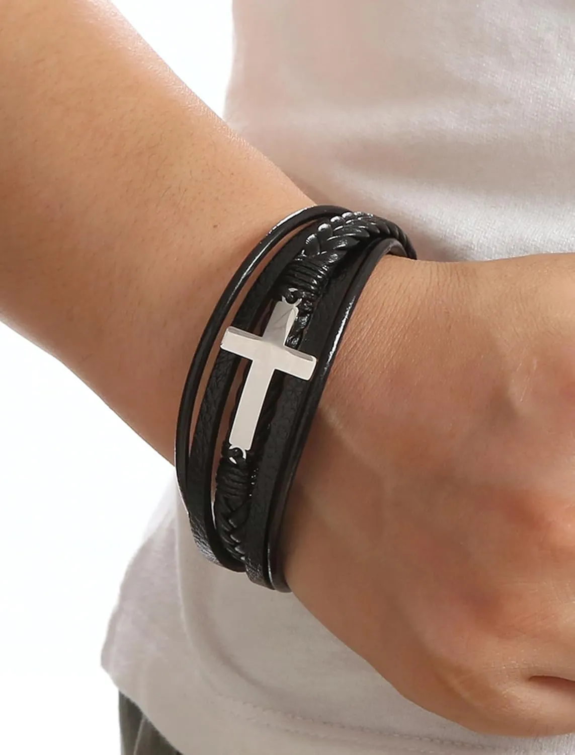 Cross Leather Bracelet for Men, Multi-Layer Braided Mens Cuff Bracelets with Stainless Steel Clasp Religious Anniversary Father's Day Birthday Christmas Jewelry Gifts for Him