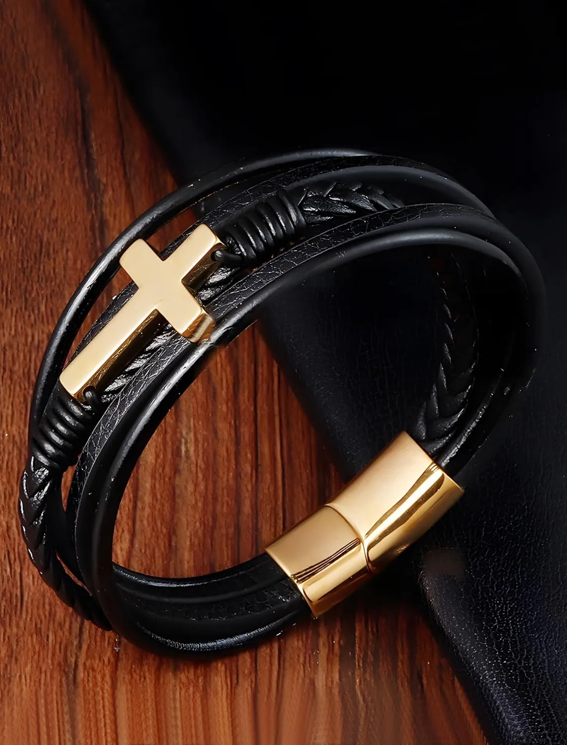 Cross Leather Bracelet for Men, Multi-Layer Braided Mens Cuff Bracelets with Stainless Steel Clasp Religious Anniversary Father's Day Birthday Christmas Jewelry Gifts for Him
