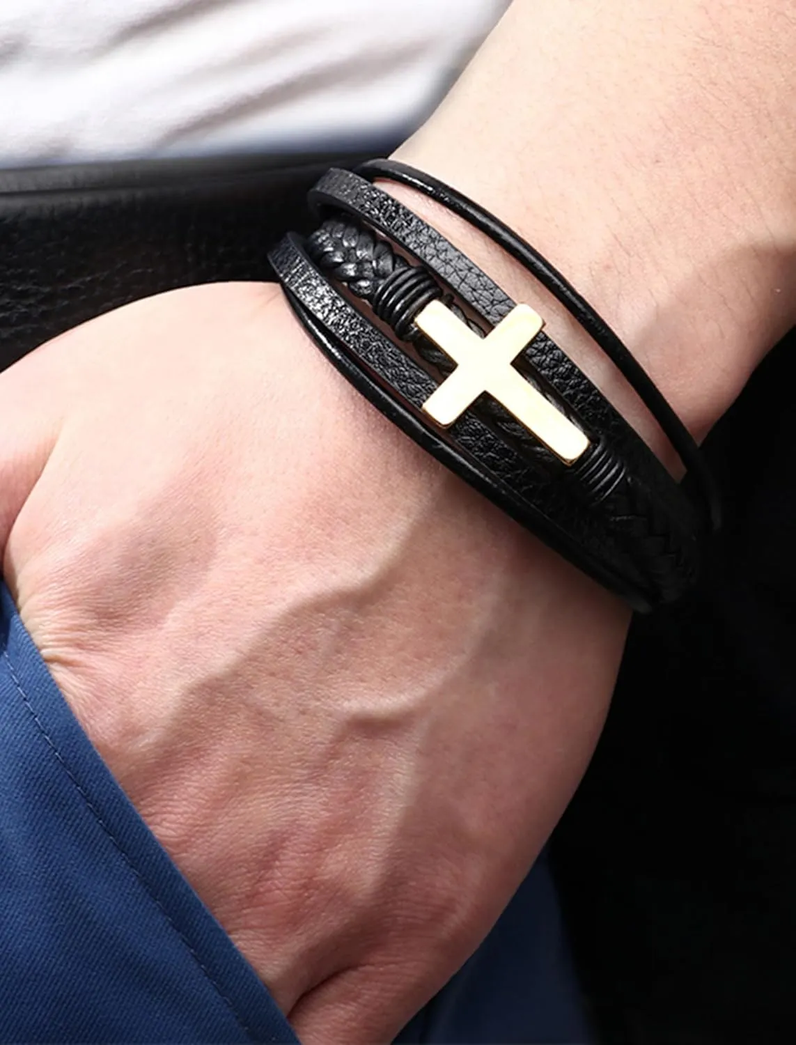 Cross Leather Bracelet for Men, Multi-Layer Braided Mens Cuff Bracelets with Stainless Steel Clasp Religious Anniversary Father's Day Birthday Christmas Jewelry Gifts for Him