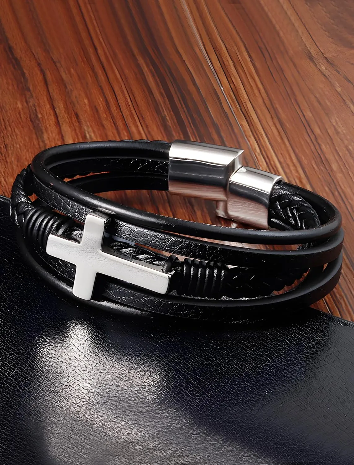 Cross Leather Bracelet for Men, Multi-Layer Braided Mens Cuff Bracelets with Stainless Steel Clasp Religious Anniversary Father's Day Birthday Christmas Jewelry Gifts for Him
