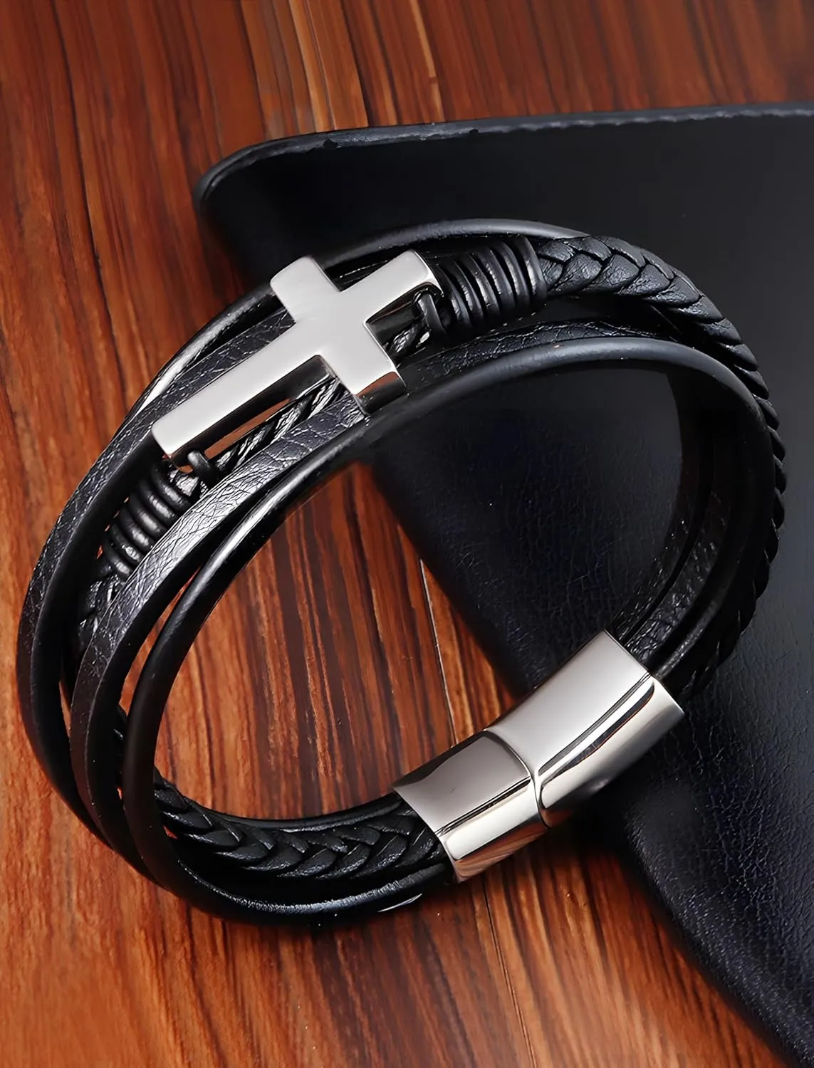 Cross Leather Bracelet for Men, Multi-Layer Braided Mens Cuff Bracelets with Stainless Steel Clasp Religious Anniversary Father's Day Birthday Christmas Jewelry Gifts for Him