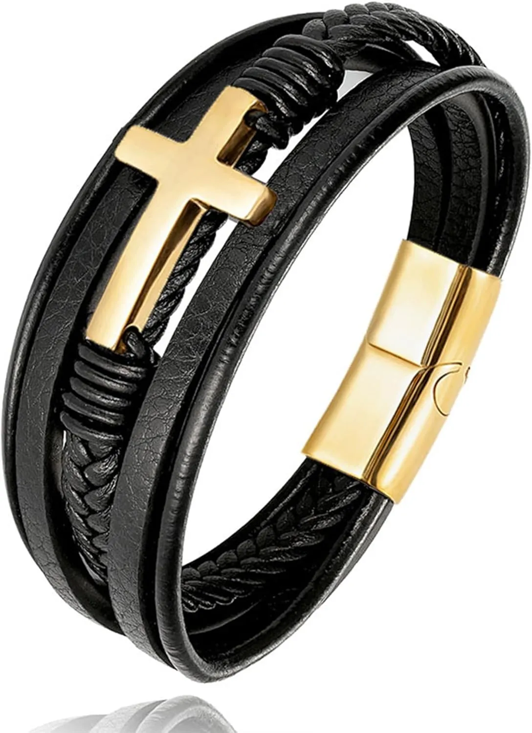 Cross Leather Bracelet for Men, Multi-Layer Braided Mens Cuff Bracelets with Stainless Steel Clasp Religious Anniversary Father's Day Birthday Christmas Jewelry Gifts for Him