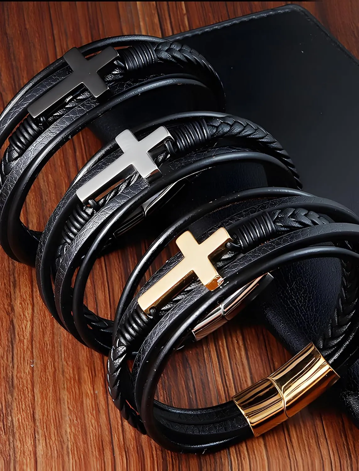 Cross Leather Bracelet for Men, Multi-Layer Braided Mens Cuff Bracelets with Stainless Steel Clasp Religious Anniversary Father's Day Birthday Christmas Jewelry Gifts for Him