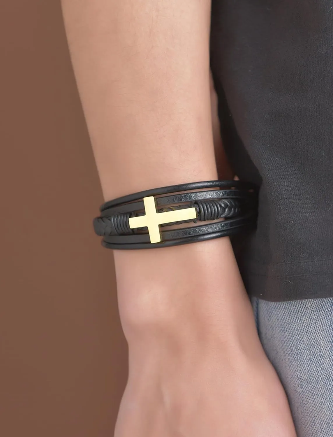 Cross Leather Bracelet for Men, Multi-Layer Braided Mens Cuff Bracelets with Stainless Steel Clasp Religious Anniversary Father's Day Birthday Christmas Jewelry Gifts for Him
