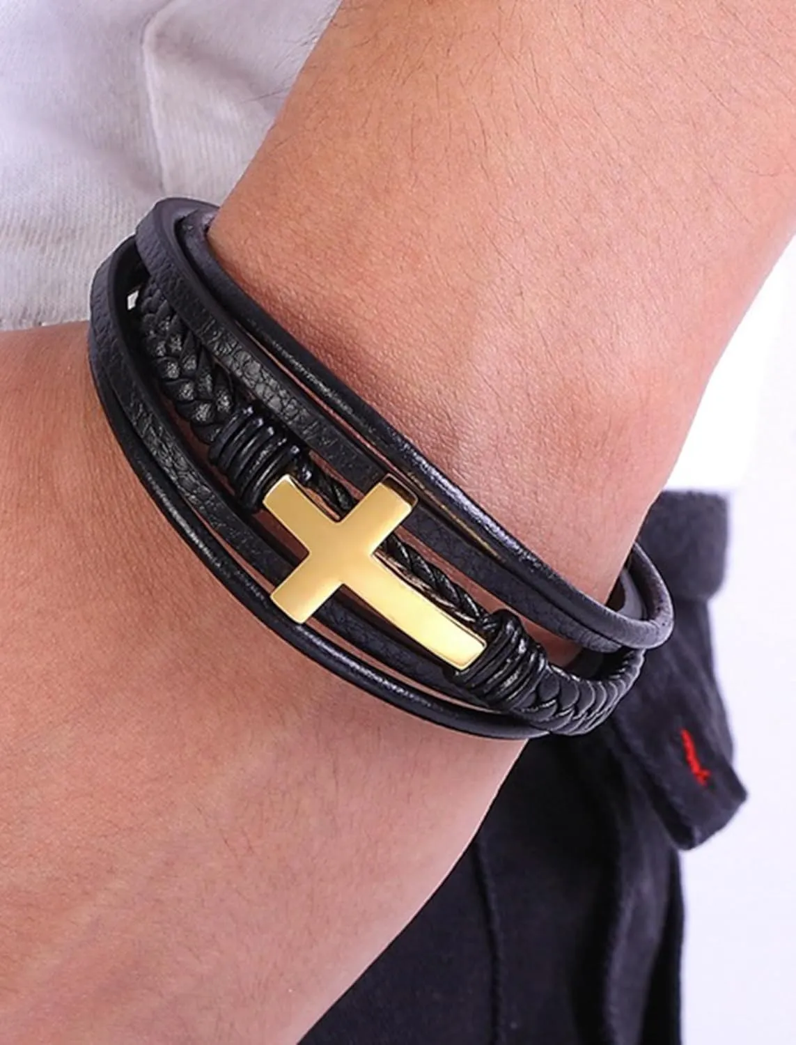 Cross Leather Bracelet for Men, Multi-Layer Braided Mens Cuff Bracelets with Stainless Steel Clasp Religious Anniversary Father's Day Birthday Christmas Jewelry Gifts for Him