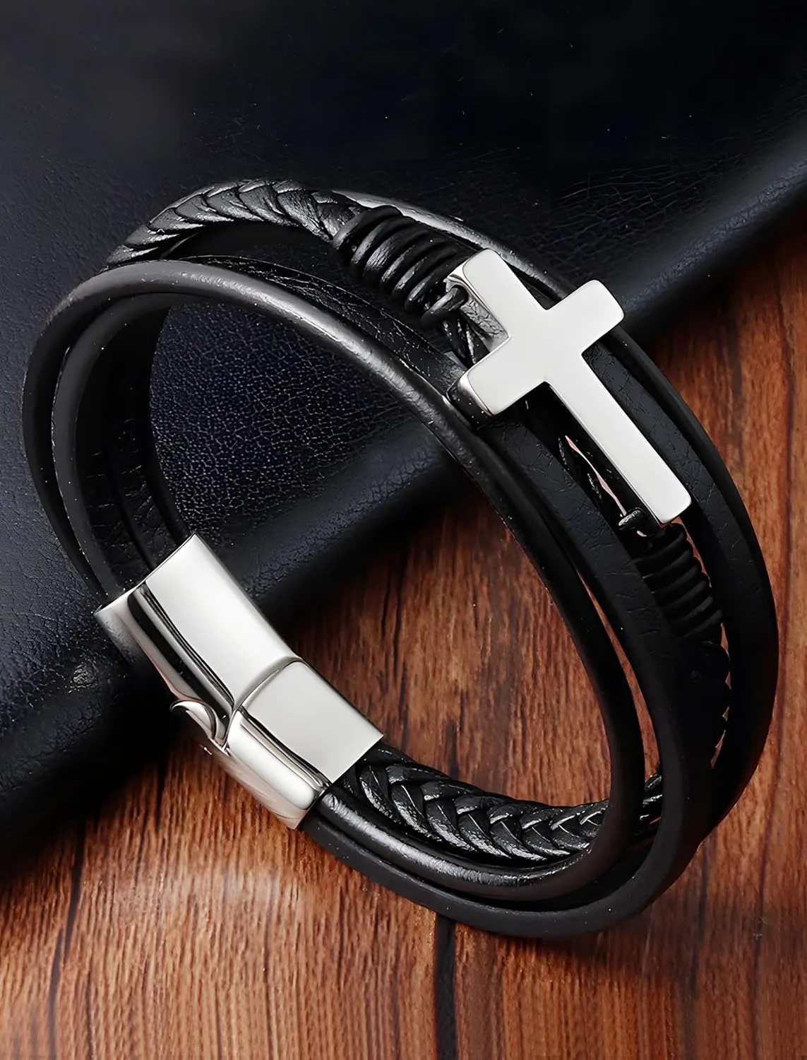 Cross Leather Bracelet for Men, Multi-Layer Braided Mens Cuff Bracelets with Stainless Steel Clasp Religious Anniversary Father's Day Birthday Christmas Jewelry Gifts for Him