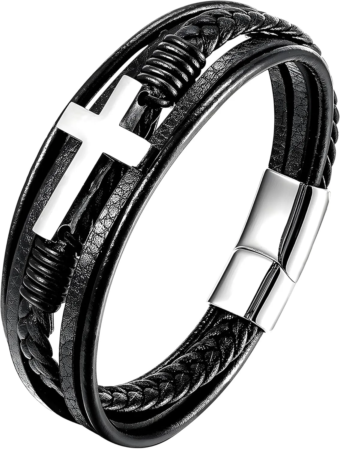 Cross Leather Bracelet for Men, Multi-Layer Braided Mens Cuff Bracelets with Stainless Steel Clasp Religious Anniversary Father's Day Birthday Christmas Jewelry Gifts for Him