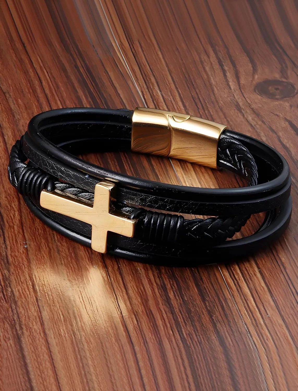 Cross Leather Bracelet for Men, Multi-Layer Braided Mens Cuff Bracelets with Stainless Steel Clasp Religious Anniversary Father's Day Birthday Christmas Jewelry Gifts for Him