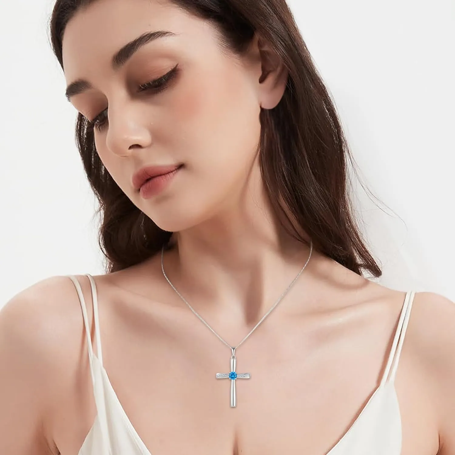 Cross Necklace 925 Sterling Silver Birthstone Pendant Stylish Minimalist Necklace Religious Jewelry Gifts for Women