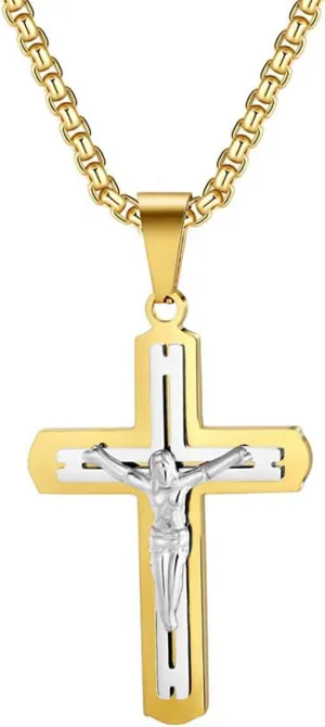 Cross Necklace for Men 18K Gold Plated Cross Pendant Necklace Stainless Steel Religious Catholic Jesus Link Faith Jewelry