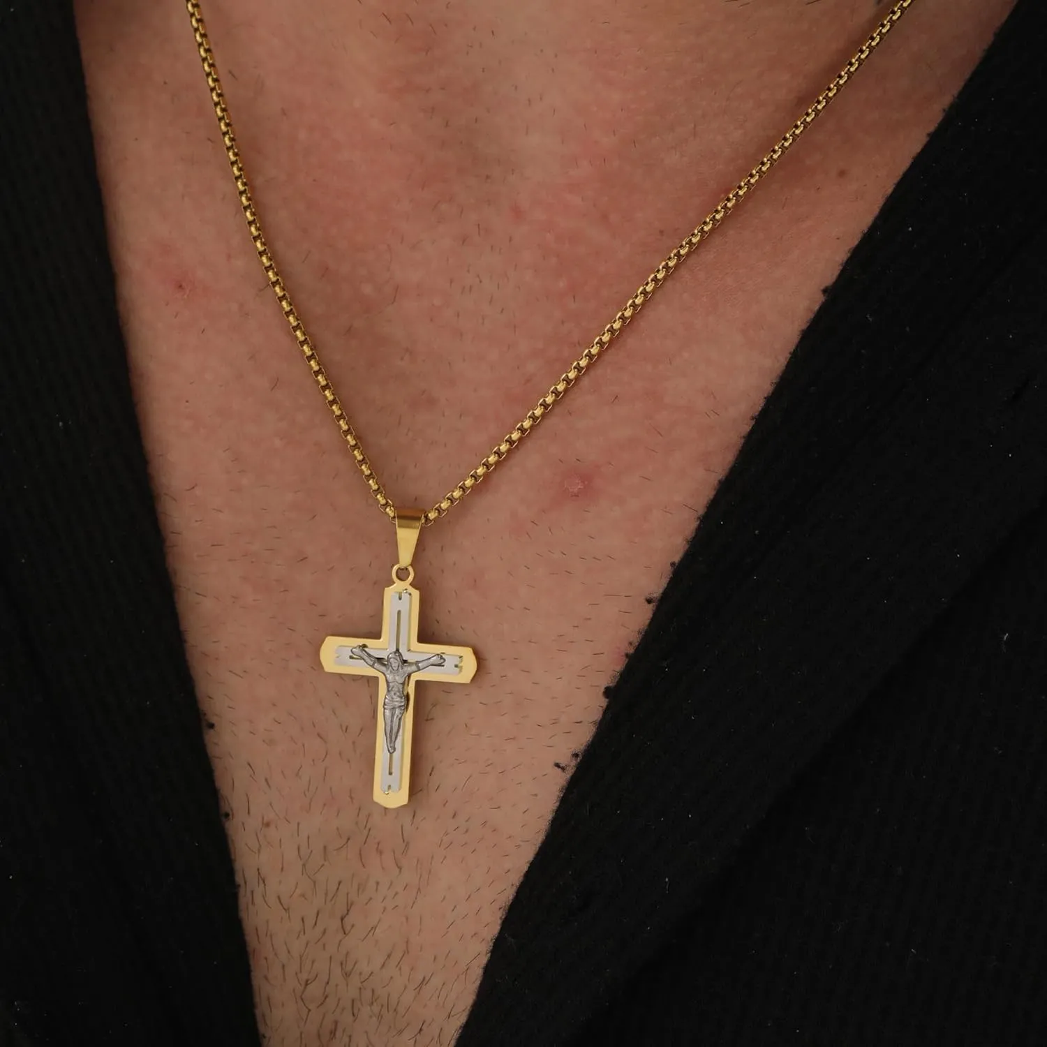 Cross Necklace for Men 18K Gold Plated Cross Pendant Necklace Stainless Steel Religious Catholic Jesus Link Faith Jewelry