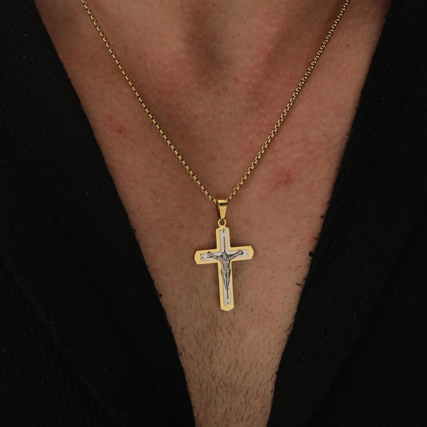 Cross Necklace for Men 18K Gold Plated Cross Pendant Necklace Stainless Steel Religious Catholic Jesus Link Faith Jewelry