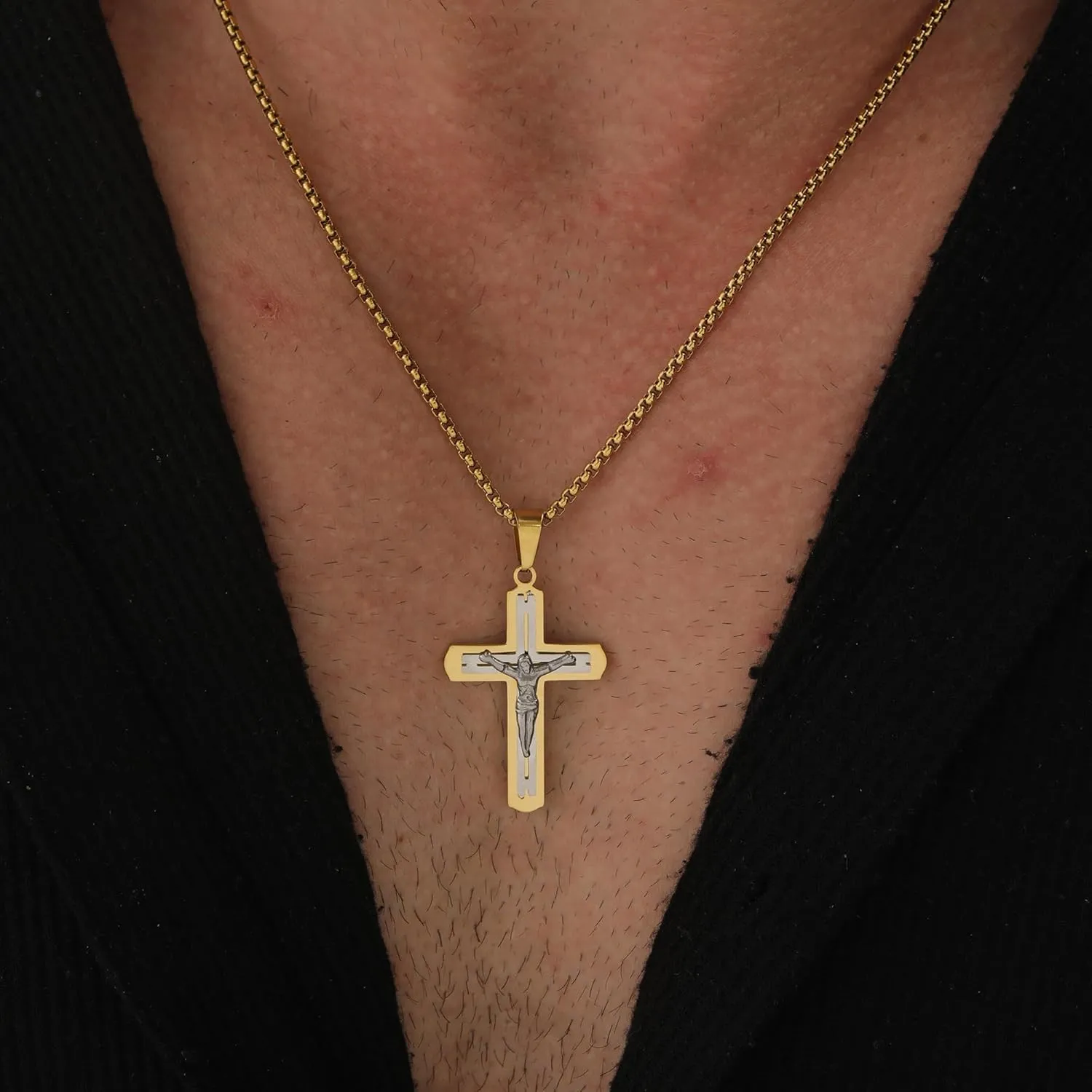 Cross Necklace for Men 18K Gold Plated Cross Pendant Necklace Stainless Steel Religious Catholic Jesus Link Faith Jewelry