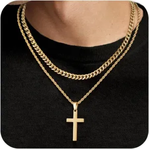 Cross Necklace for Men, Silver Black Gold Stainless Steel Plain Cross Pendant Necklace for Men Box Chain