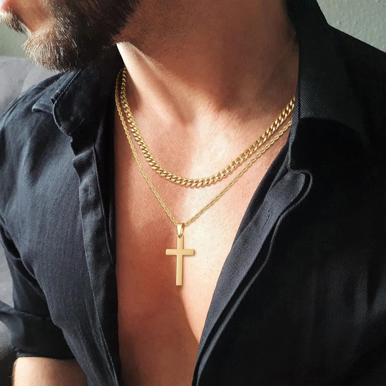 Cross Necklace for Men, Silver Black Gold Stainless Steel Plain Cross Pendant Necklace for Men Box Chain