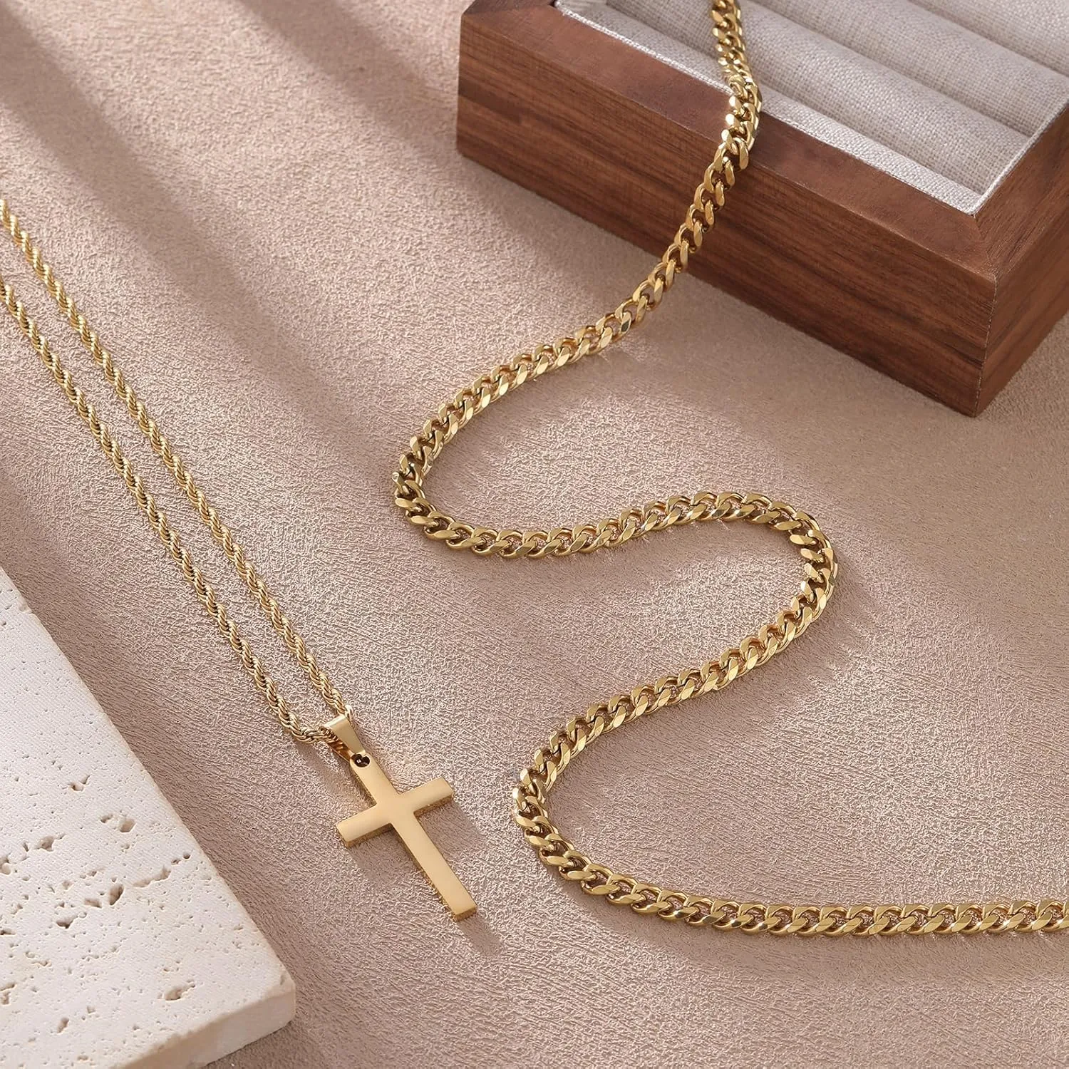 Cross Necklace for Men, Silver Black Gold Stainless Steel Plain Cross Pendant Necklace for Men Box Chain