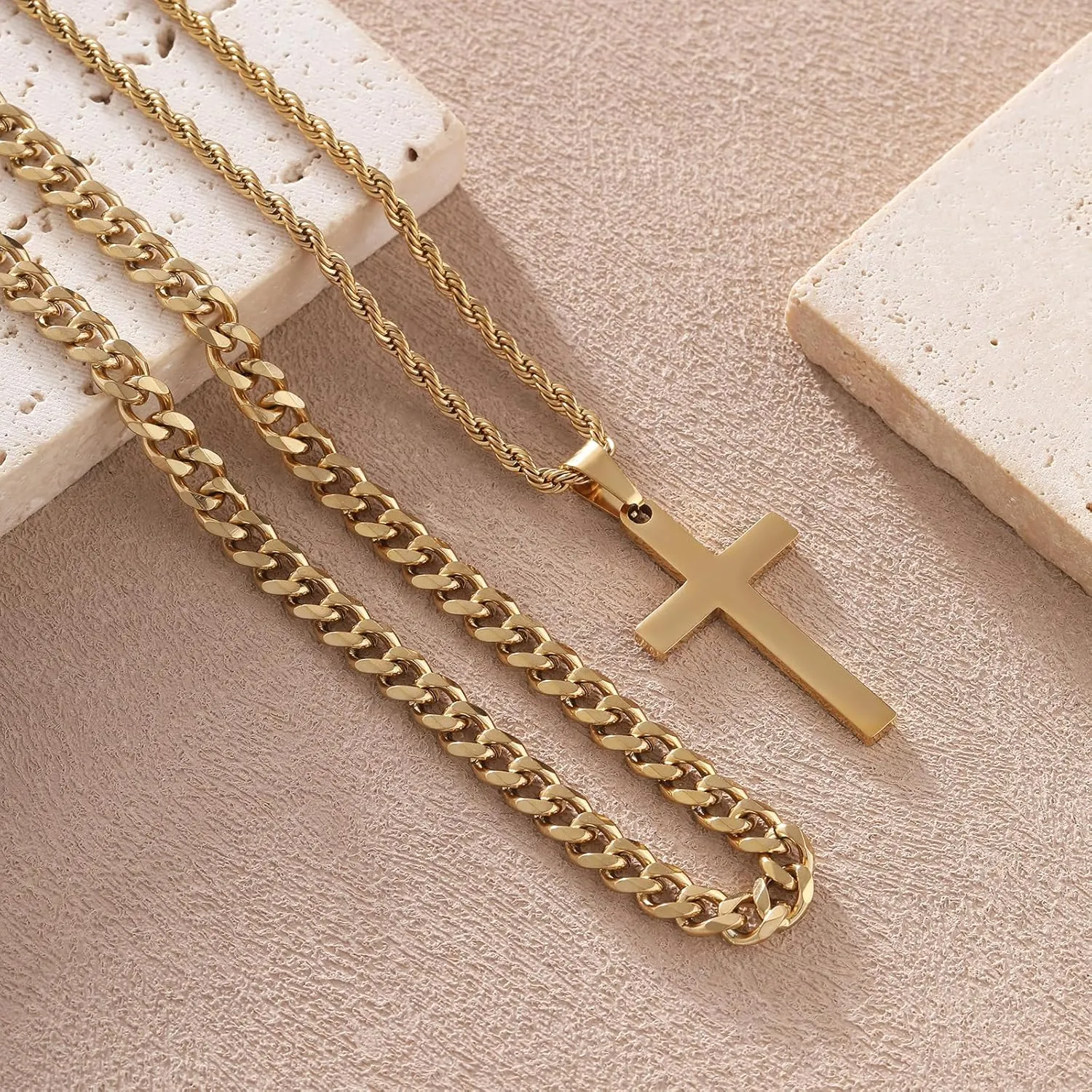 Cross Necklace for Men, Silver Black Gold Stainless Steel Plain Cross Pendant Necklace for Men Box Chain