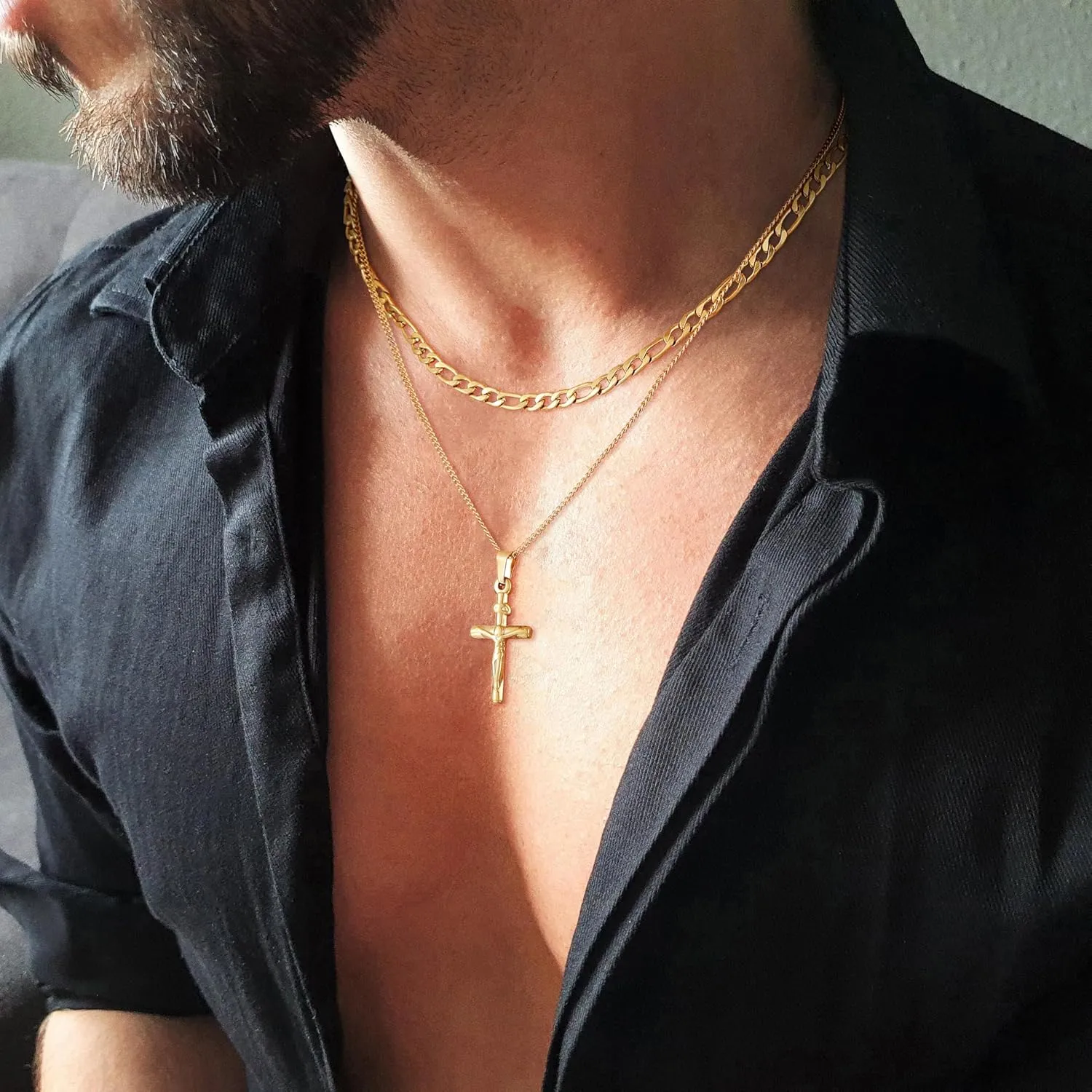 Cross Necklace for Men, Silver Black Gold Stainless Steel Plain Cross Pendant Necklace for Men Box Chain