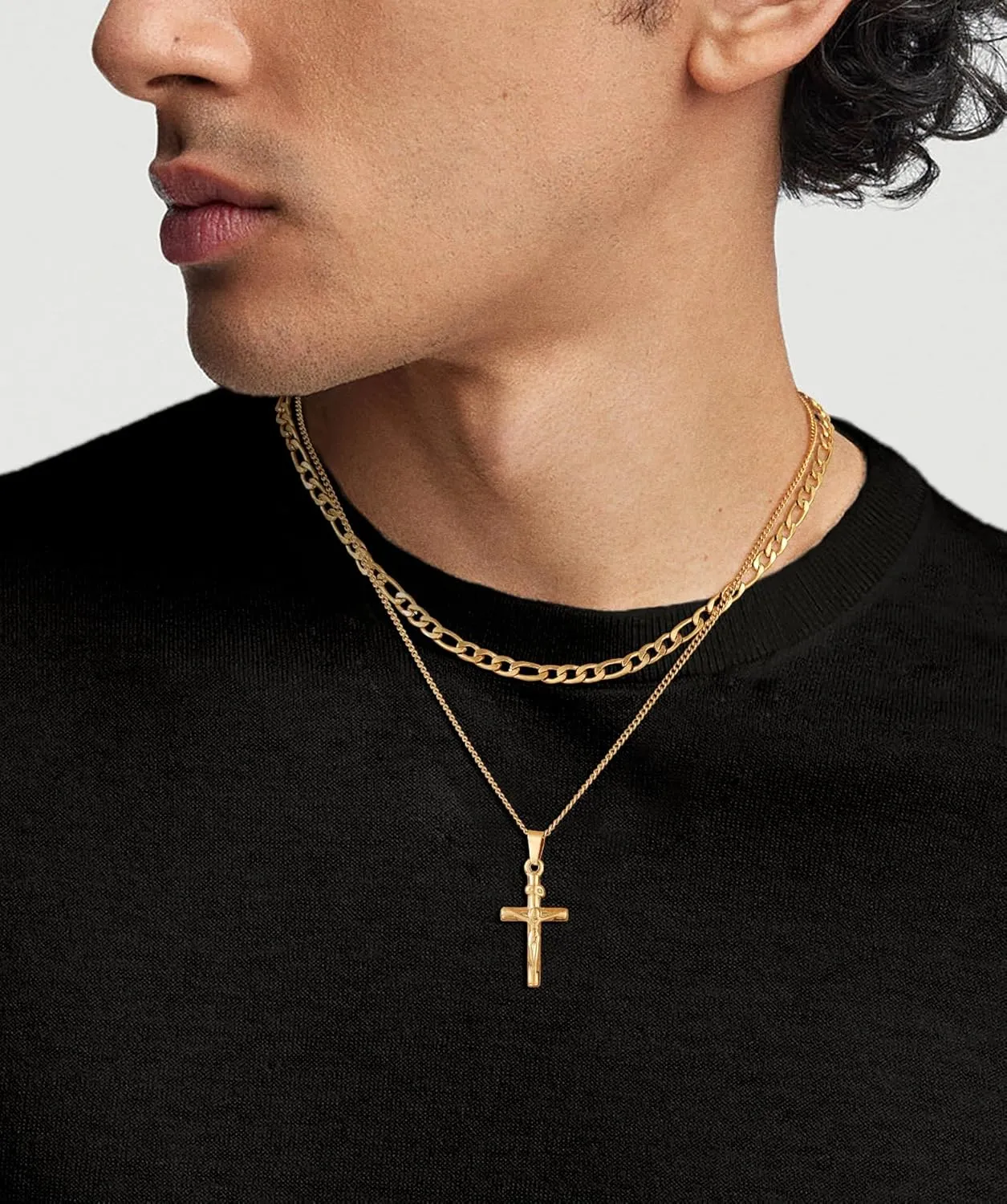 Cross Necklace for Men, Silver Black Gold Stainless Steel Plain Cross Pendant Necklace for Men Box Chain