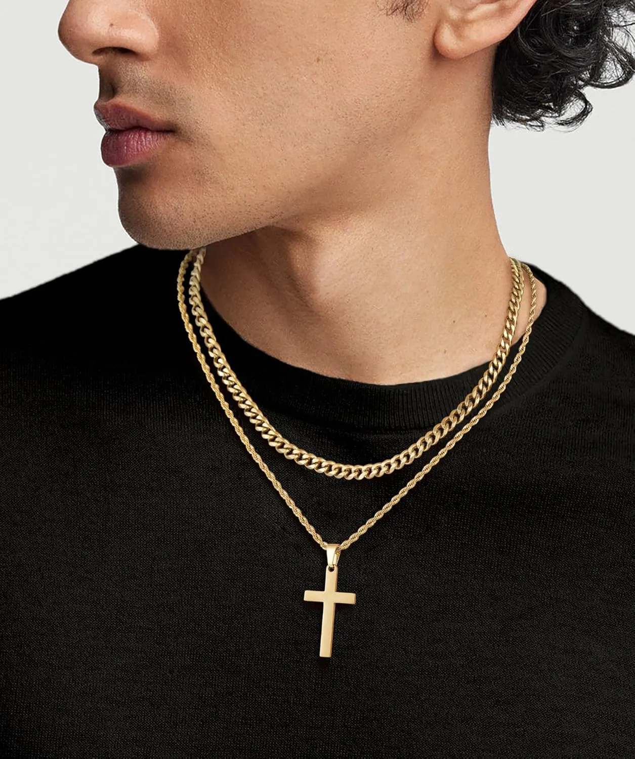 Cross Necklace for Men, Silver Black Gold Stainless Steel Plain Cross Pendant Necklace for Men Box Chain