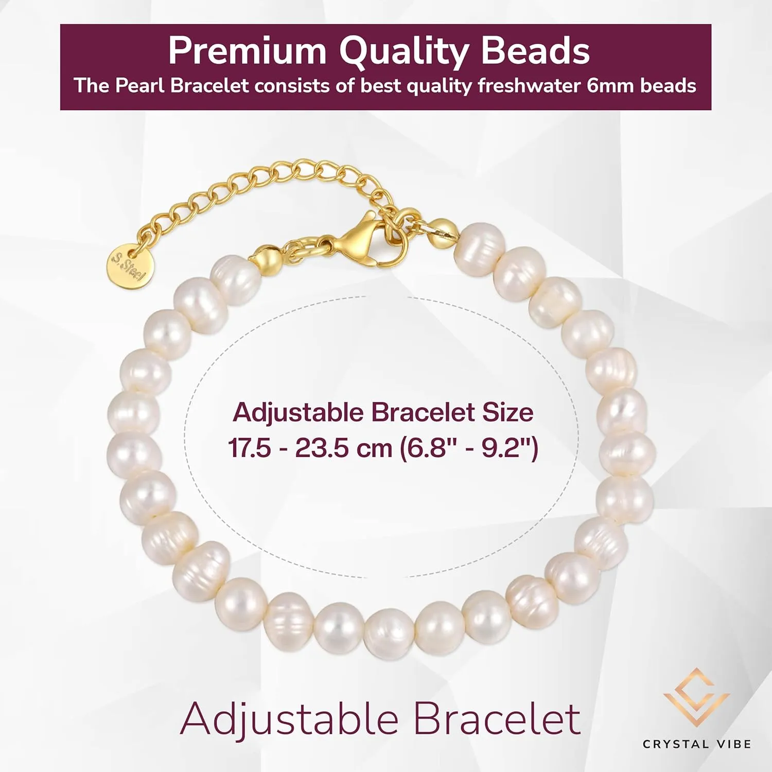 Crystal Vibe White Freshwater Pearl Bracelets for Women - Pearl Bracelet with Adjustable Golden Clasp - Gifts for Women - Gifts for Birthdays Anniversary Freindship