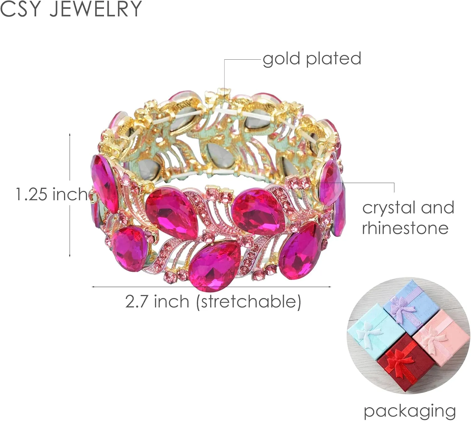 CSY Elegant Stretch Bangle Bracelets Bridal Art Deco Teardrop Crystal Elastic Wide Statement Bracelet for Women Party Prom