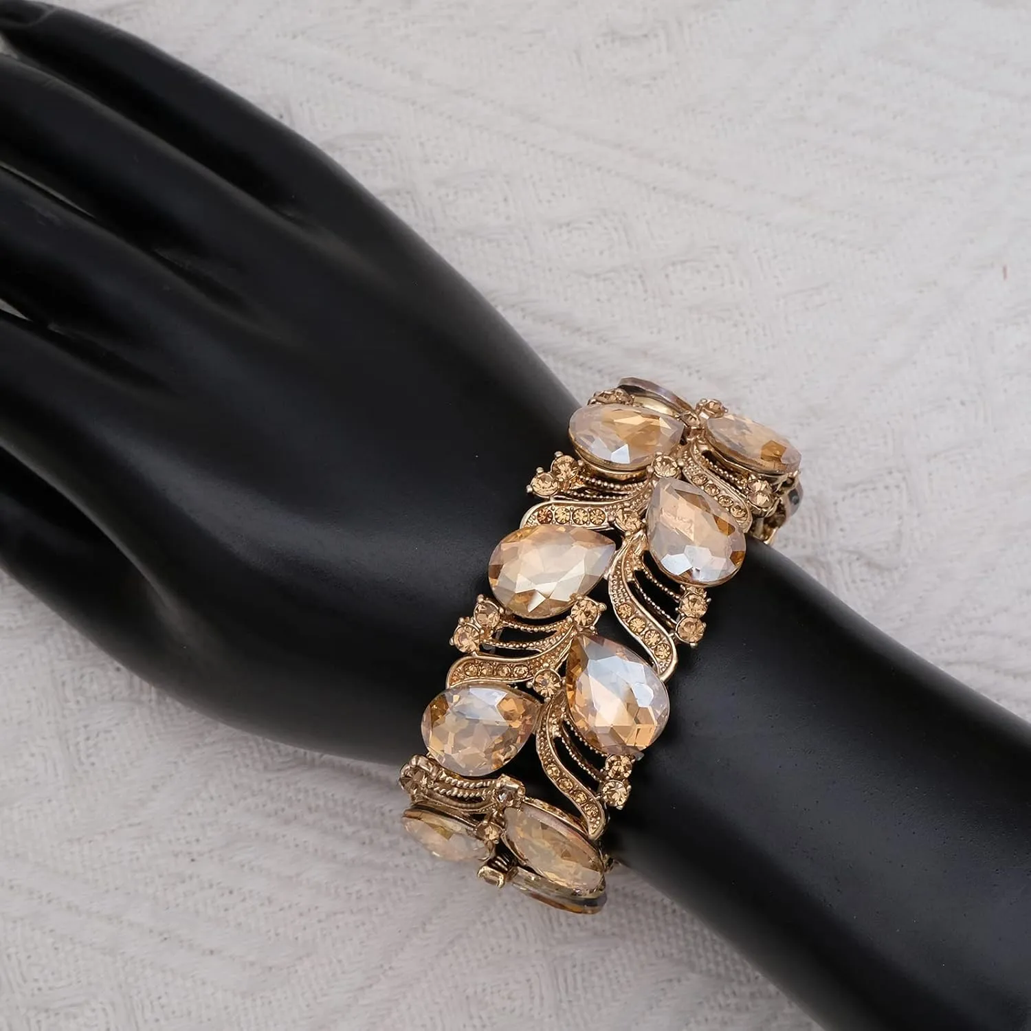 CSY Elegant Stretch Bangle Bracelets Bridal Art Deco Teardrop Crystal Elastic Wide Statement Bracelet for Women Party Prom