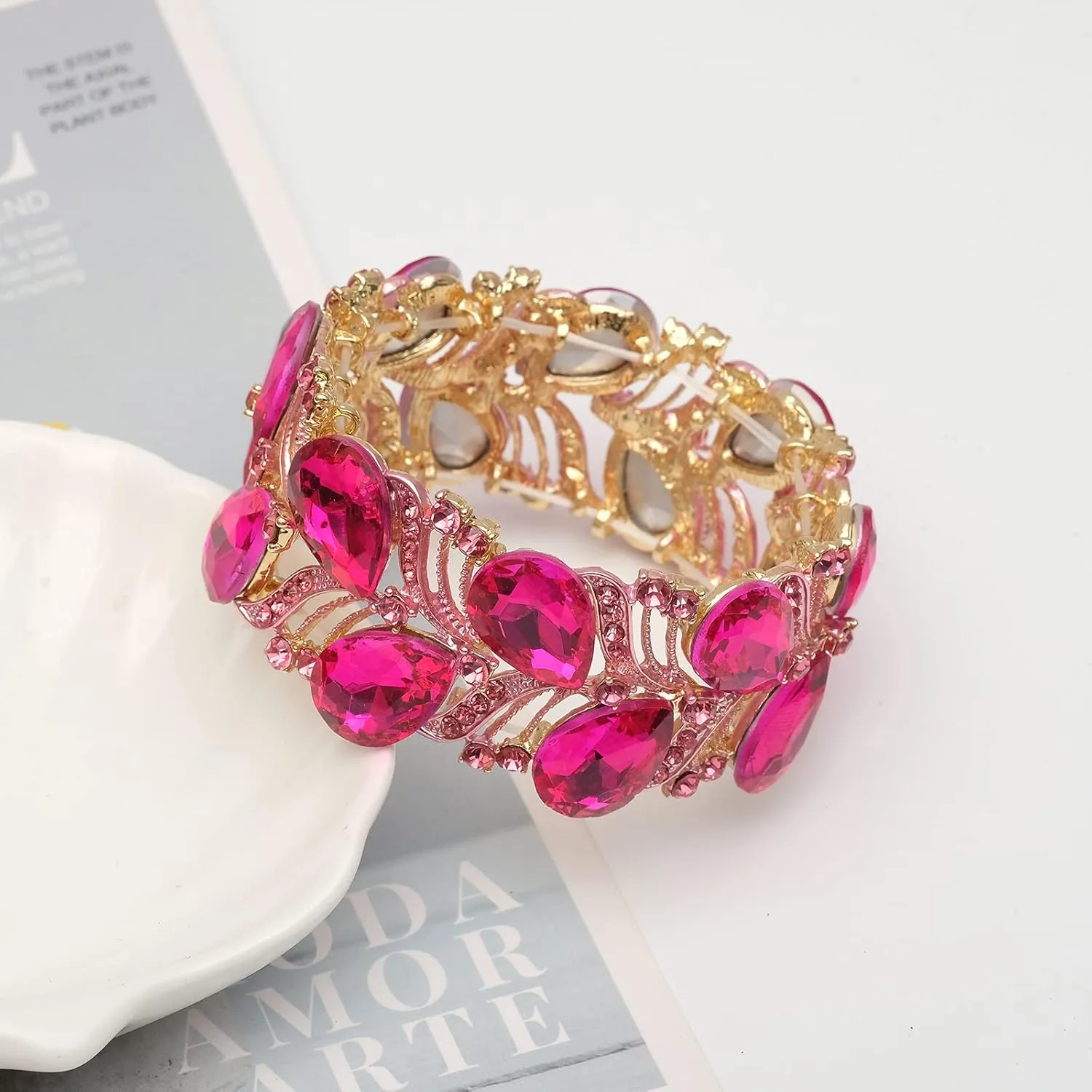 CSY Elegant Stretch Bangle Bracelets Bridal Art Deco Teardrop Crystal Elastic Wide Statement Bracelet for Women Party Prom