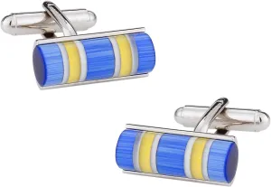 Cuff-Daddy Blue, Yellow, and Silver Catseye-Style Cufflinks with Presentation Box