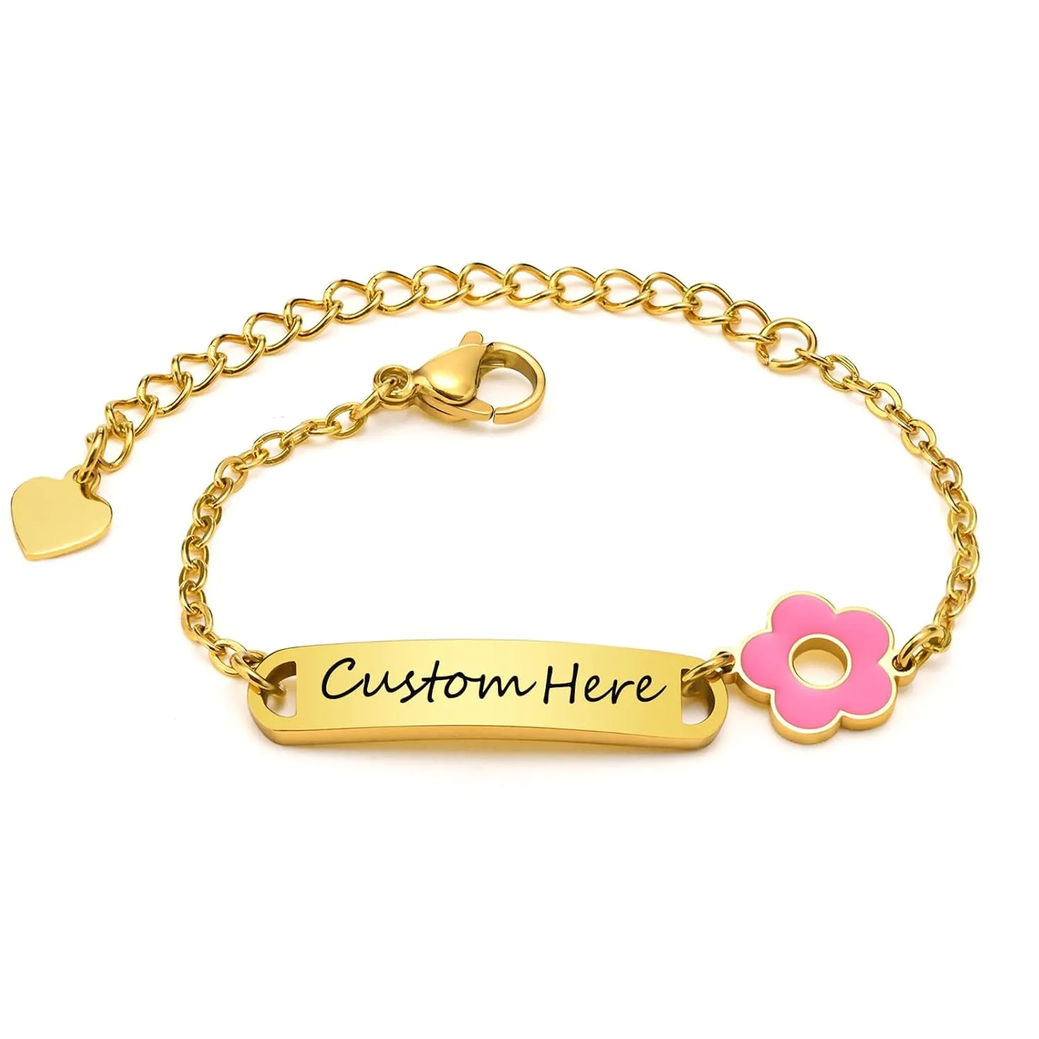 Custom Personalize Baby Name Birthdate Bracelets with Pink Flower Charm,Stainless Steel ID Bar Bracelet for Baby Girls Boys Children Gift