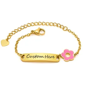 Custom Personalize Baby Name Birthdate Bracelets with Pink Flower Charm,Stainless Steel ID Bar Bracelet for Baby Girls Boys Children Gift
