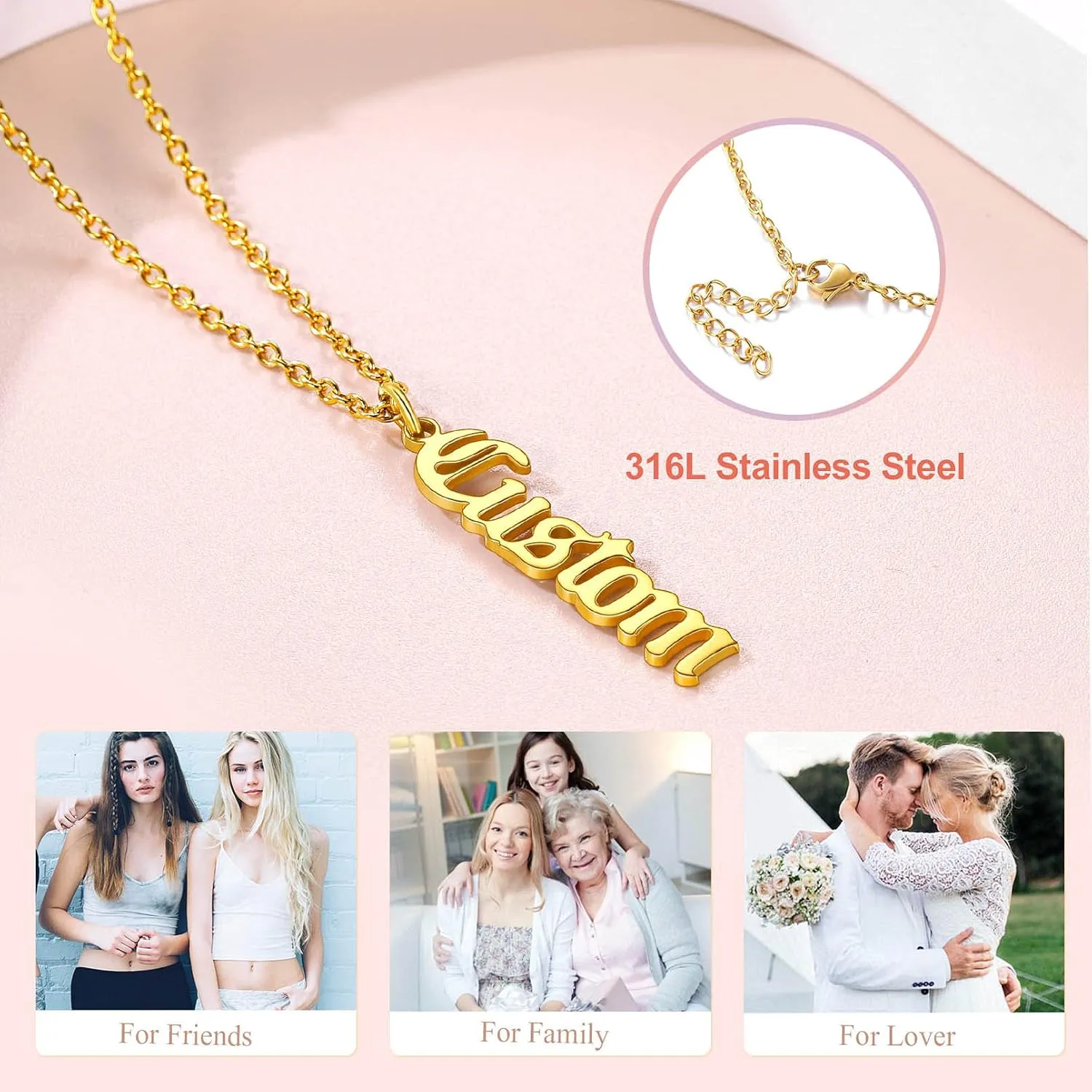 Custom4U Name Necklace Personalized Sterling Silver 925/Stainless Steel Gold Plated,Custom Nameplate Necklaces Chain 16" 2" Choker Customize Pendant,Engraved Memory Jewelry for Women Mother