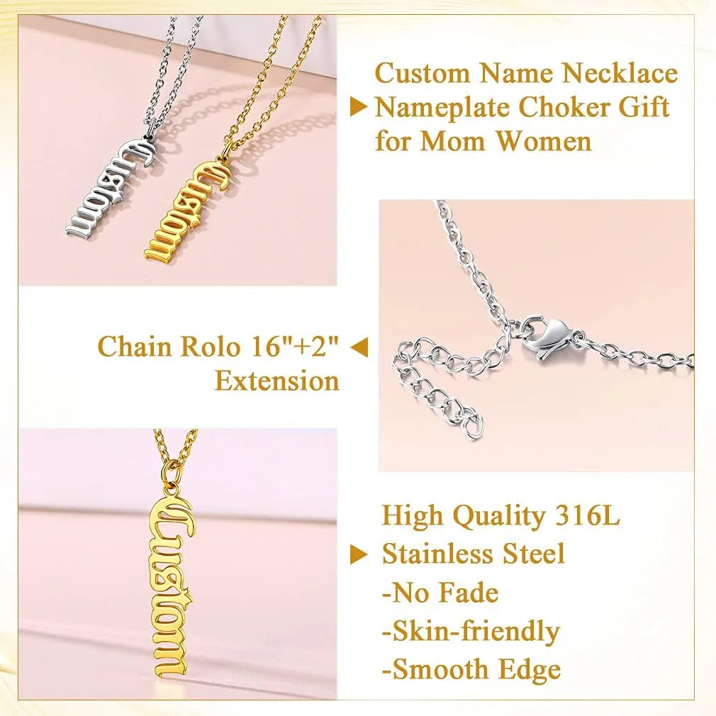 Custom4U Name Necklace Personalized Sterling Silver 925/Stainless Steel Gold Plated,Custom Nameplate Necklaces Chain 16" 2" Choker Customize Pendant,Engraved Memory Jewelry for Women Mother