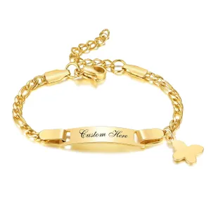 Customize Personalize Baby Name Birthdate Bracelets with Cute Butterfly Charm,Stainless Steel ID Bar Bracelet for Baby Girls Boys Children Gift