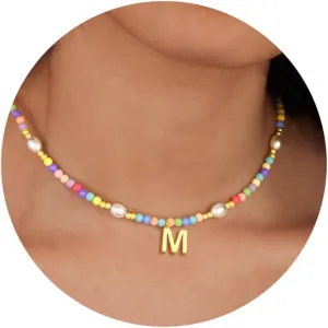 Cute Beaded Initial Necklaces for Girls Trendy Dainty Colorful Pearl Letter Choker Charm Necklace for Women Teen Girls Handmade 14K Gold Plated Bohemian Birthday Personalized Jewelry Gifts