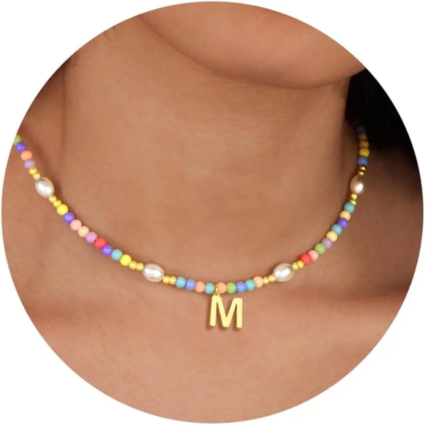 Cute Beaded Initial Necklaces for Girls Trendy Dainty Colorful Pearl Letter Choker Charm Necklace for Women Teen Girls Handmade 14K Gold Plated Bohemian Birthday Personalized Jewelry Gifts
