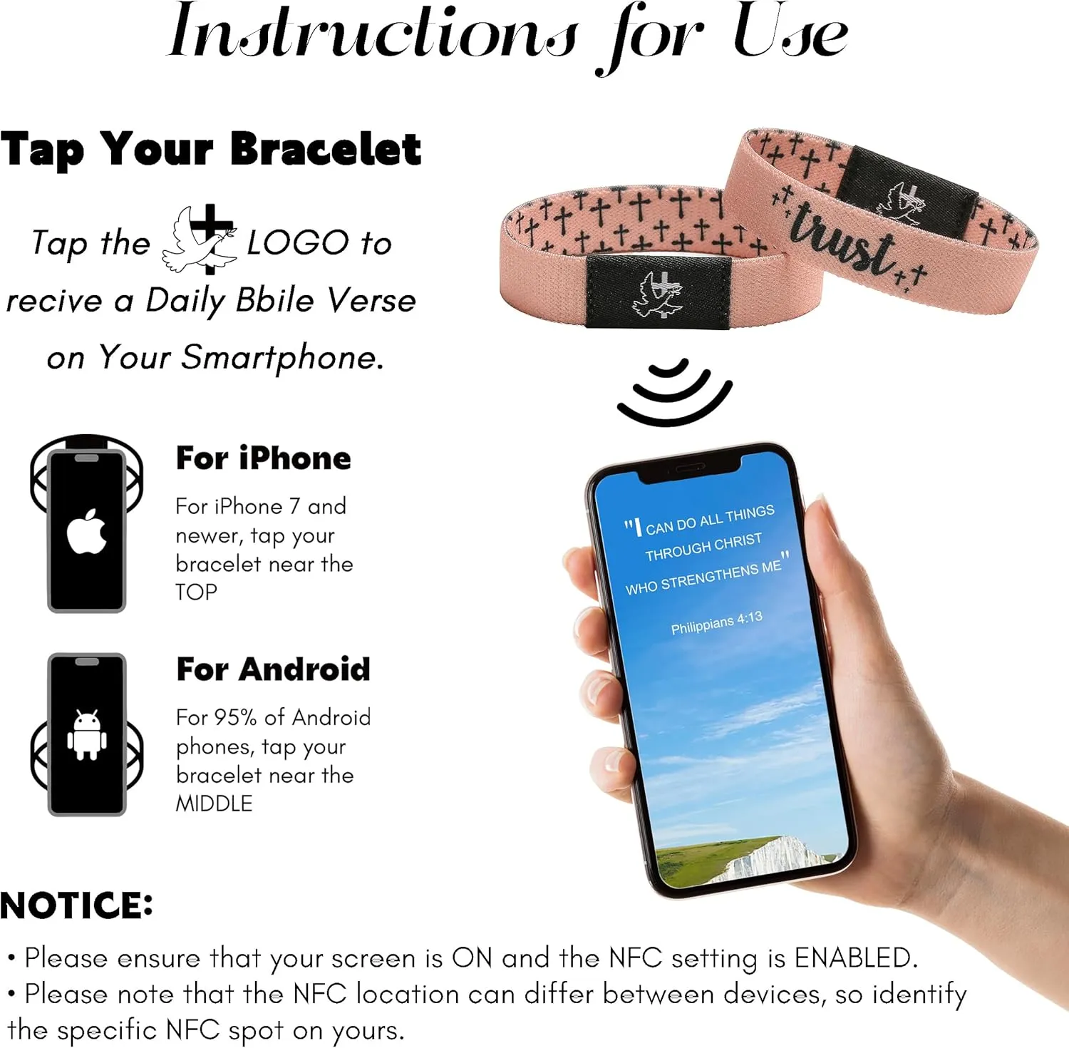 Daily Bible Verse Bracelets with NFC Christian Scripture Bracelet Jesus Faith Wristbands Religious Daily Devotional Inspirational Gifts for Men Women