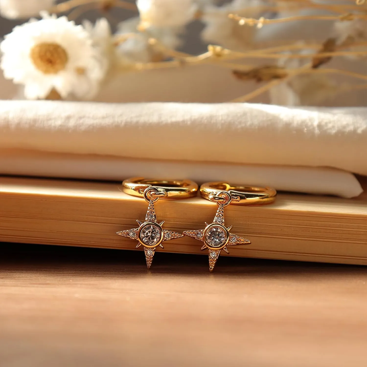 Dainty Gold Small Dangle Hoop Earrings for WomanTrendy Cute Evil Eyes Feather Leaf Sunflowers Cubic Zirconia Star Hypoallergenic Drop Huggie Earing Prom Jewelry Gift