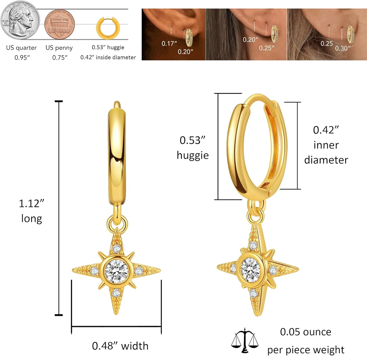 Dainty Gold Small Dangle Hoop Earrings for WomanTrendy Cute Evil Eyes Feather Leaf Sunflowers Cubic Zirconia Star Hypoallergenic Drop Huggie Earing Prom Jewelry Gift