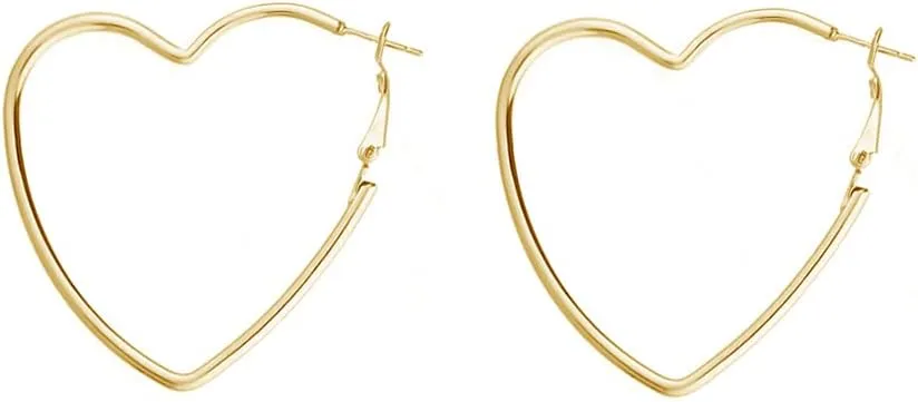 Dainty Heart Love 14K Yellow Gold Silver Big Large Hoop Earrings For Women Girls Sensitive Ears Fashion Hearted Huggie Hypoallergenic Statement Hoops 2 Inch Minimalist Geometric Hooped Gifts Bff Birthday Valentines Day 50mm