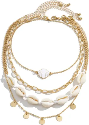 Dainty Layered Pearl Necklaces 14K Gold Plated Shell Starfish Eye Pedent Figaro Chain Choke Necklace Fashion Preppy Jewelry for Women