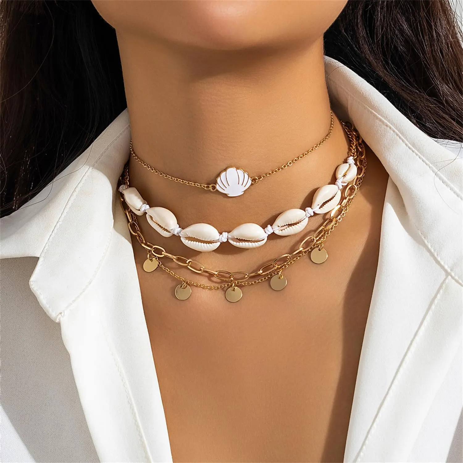 Dainty Layered Pearl Necklaces 14K Gold Plated Shell Starfish Eye Pedent Figaro Chain Choke Necklace Fashion Preppy Jewelry for Women