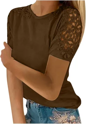 DASAYO Women's Solid Color Lace Short Sleeve Top t-Shirt Comfy Casual Shirts Tops Going Out Fashion Tshirts Clothing