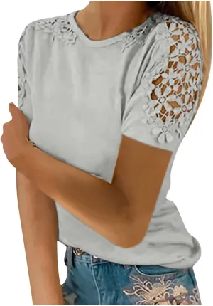 DASAYO Women's Solid Color Lace Short Sleeve Top t-Shirt Comfy Casual Shirts Tops Going Out Fashion Tshirts Clothing