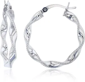 DECADENCE Sterling Silver Diamond Cut Edge Polished Twist Hoop Earrings for Women | 3x25mm Round Hoop Earrings | Secure Snap Bar Closure | 14k Shiny Classic Earrings